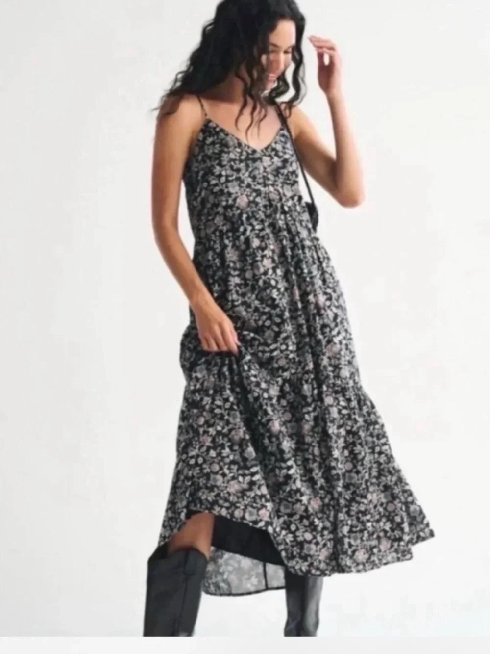 Abercrombie & Fitch Black Floral Spaghetti-Strap Maxi Dress L
